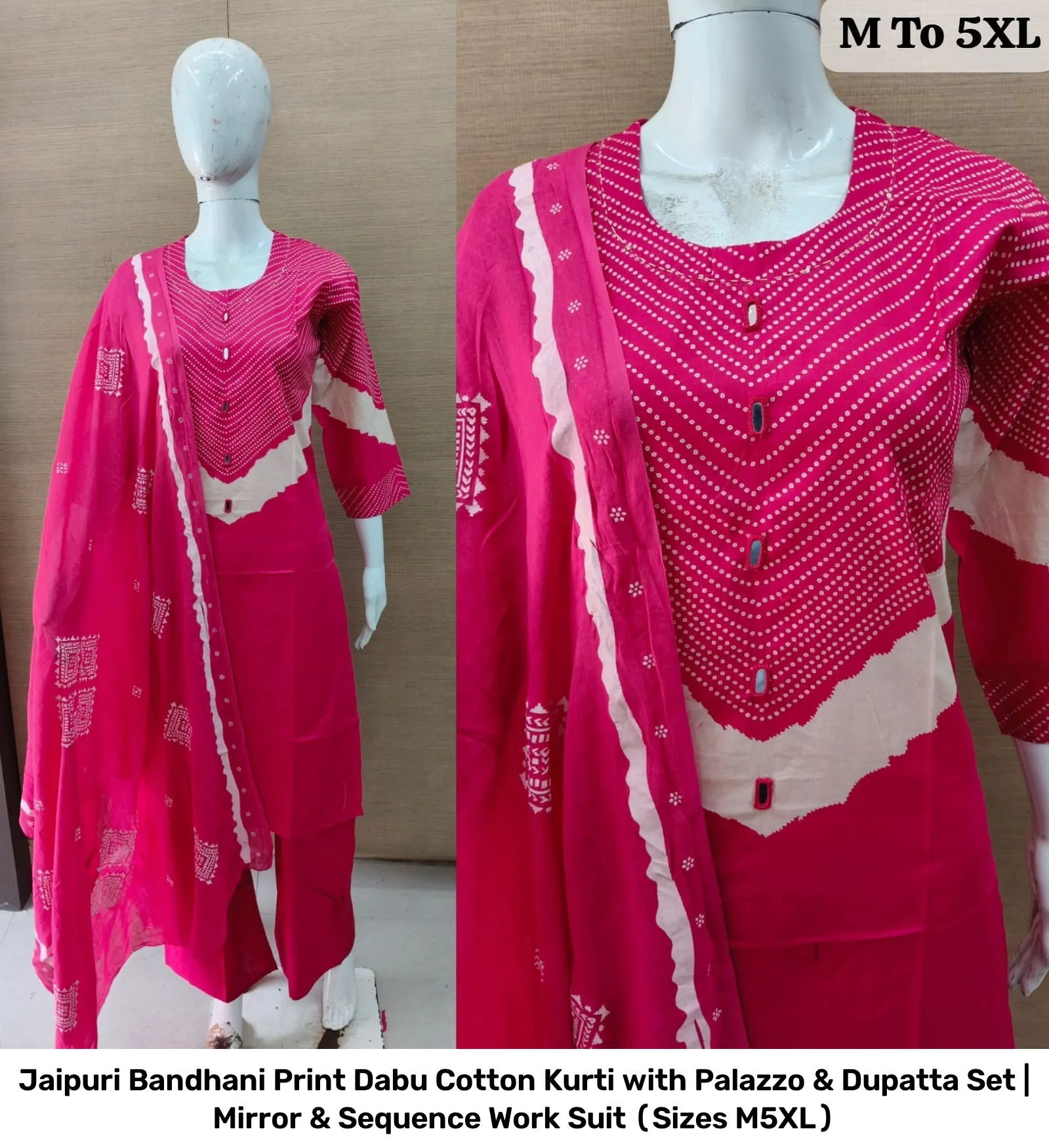 Jaipuri Bandhani Print Dabu Cotton Kurti with Palazzo & Dupatta Set | Mirror & Sequence Work Suit (Sizes M–5XL) 3
