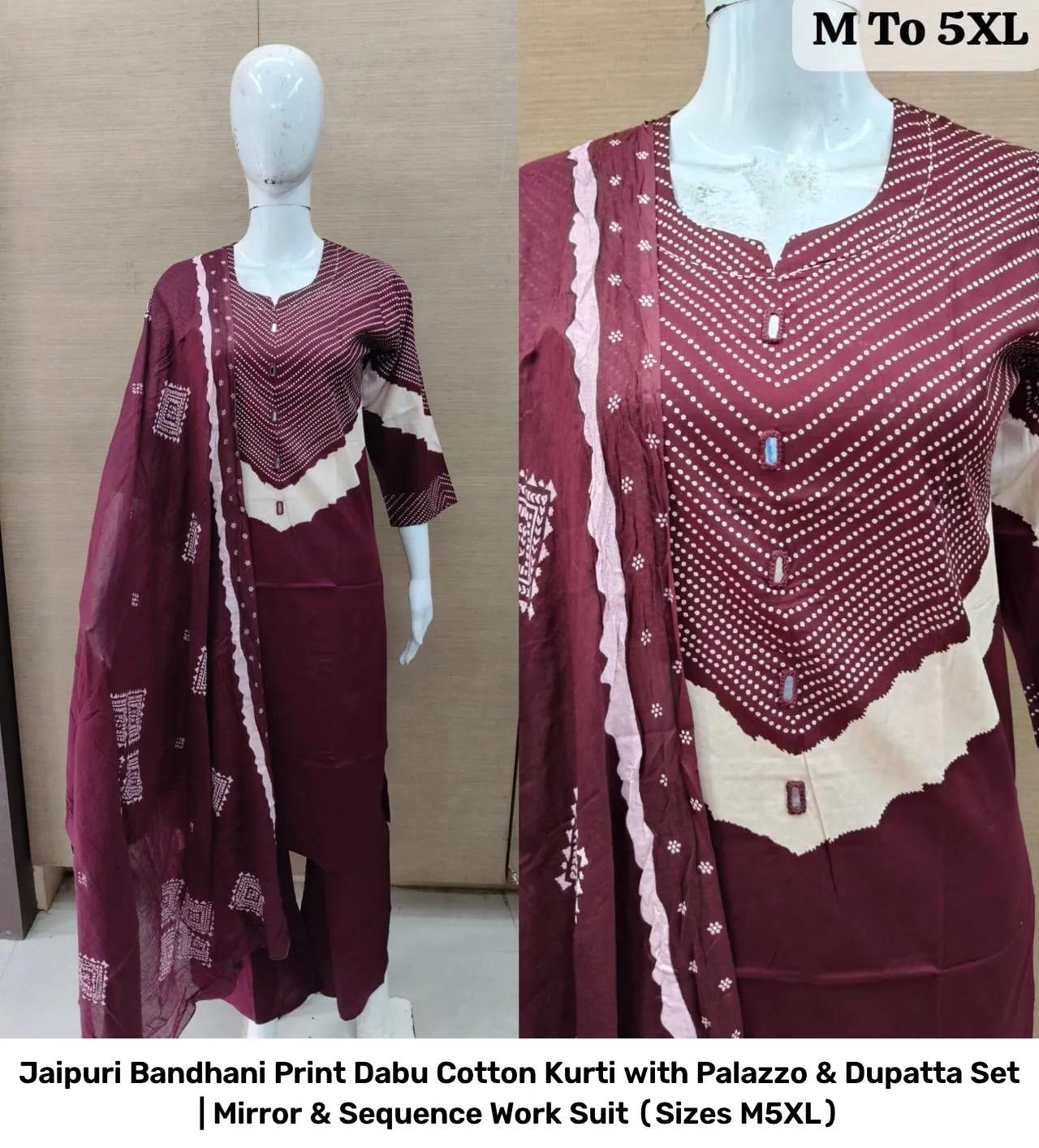 Jaipuri Bandhani Print Dabu Cotton Kurti with Palazzo & Dupatta Set | Mirror & Sequence Work Suit (Sizes M–5XL) 4