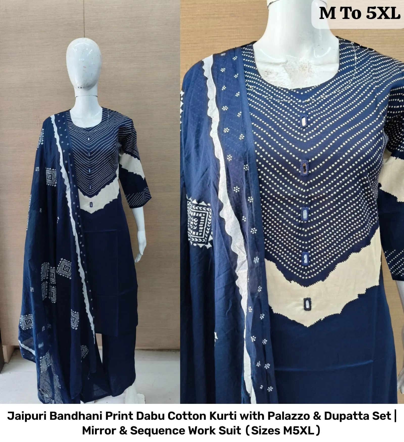 Jaipuri Bandhani Print Dabu Cotton Kurti with Palazzo & Dupatta Set | Mirror & Sequence Work Suit (Sizes M–5XL) 5
