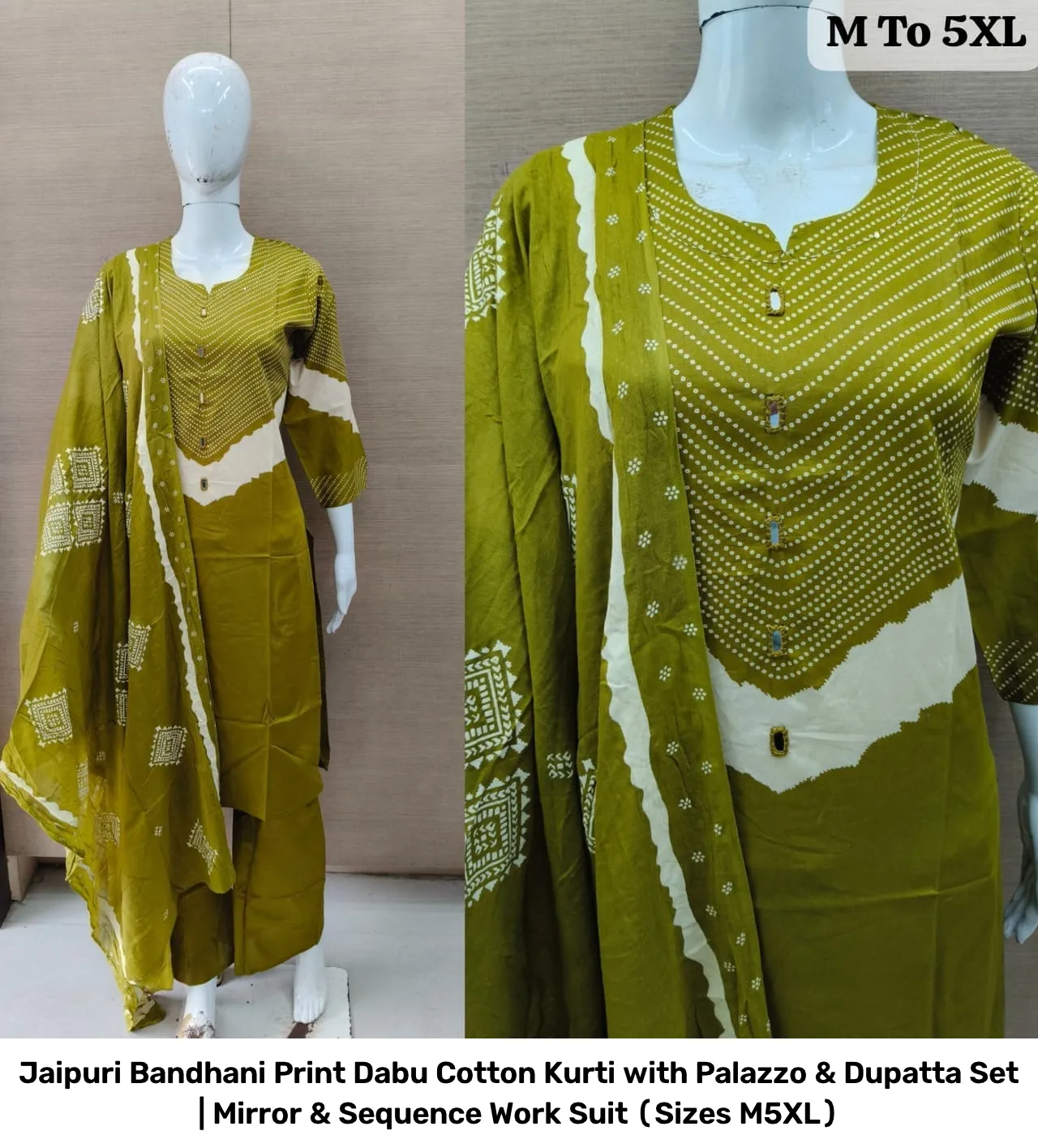 Jaipuri Bandhani Print Dabu Cotton Kurti with Palazzo & Dupatta Set | Mirror & Sequence Work Suit (Sizes M–5XL) 6