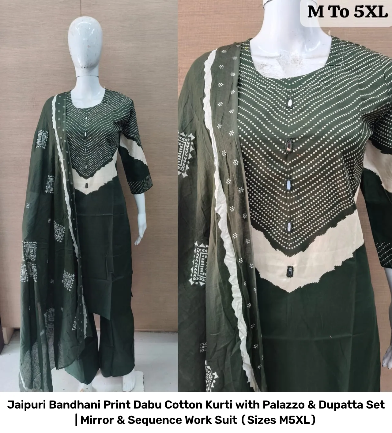 Jaipuri Bandhani Print Dabu Cotton Kurti with Palazzo & Dupatta Set | Mirror & Sequence Work Suit (Sizes M–5XL) 7