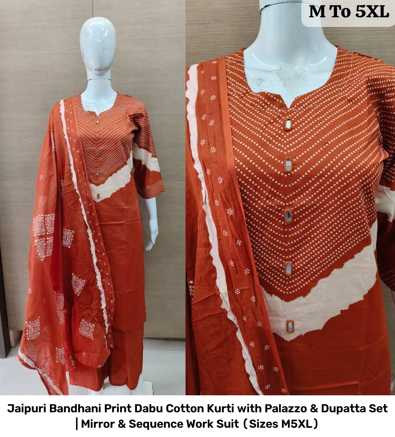 Jaipuri Bandhani Print Dabu Cotton Kurti with Palazzo & Dupatta Set | Mirror & Sequence Work Suit (Sizes M–5XL) 9