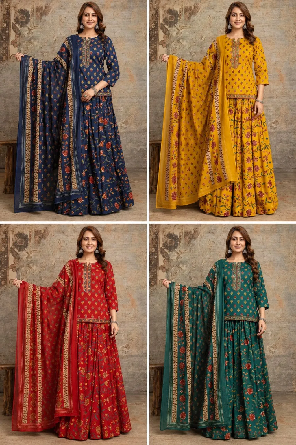 Jaipuri Cotton Block Print Gopi Dress Set with Handwork Kurti & 3-Meter Flared Skirt