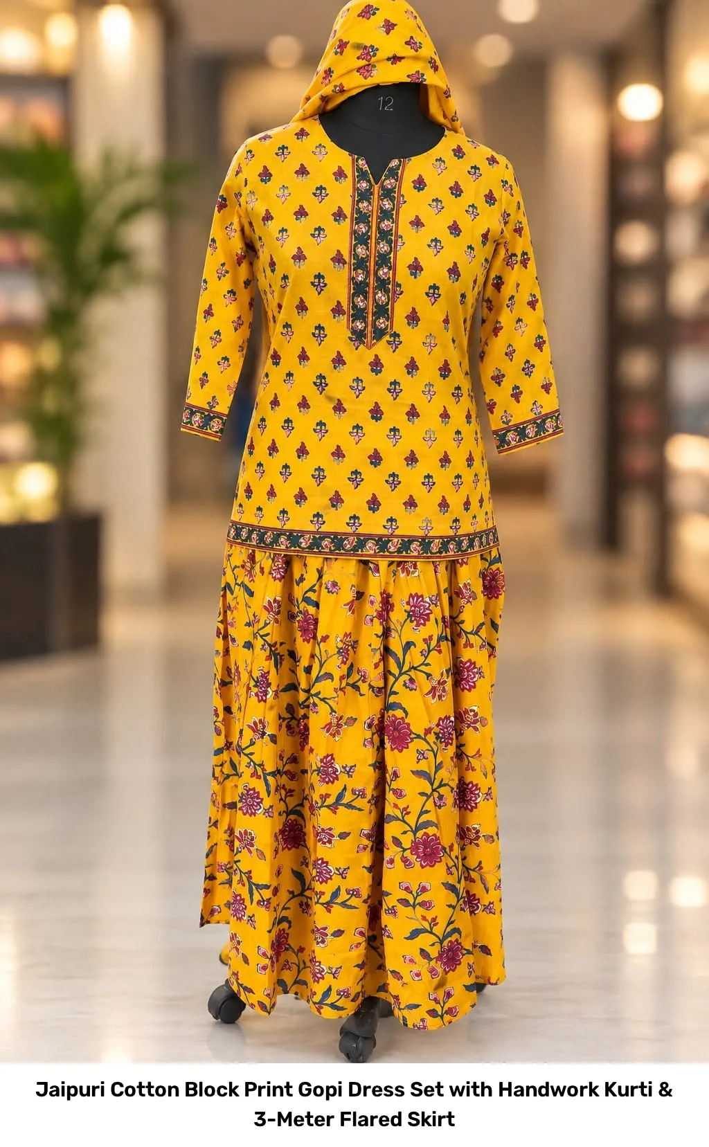 Jaipuri Cotton Block Print Gopi Dress Set with Handwork Kurti & 3-Meter Flared Skirt 10