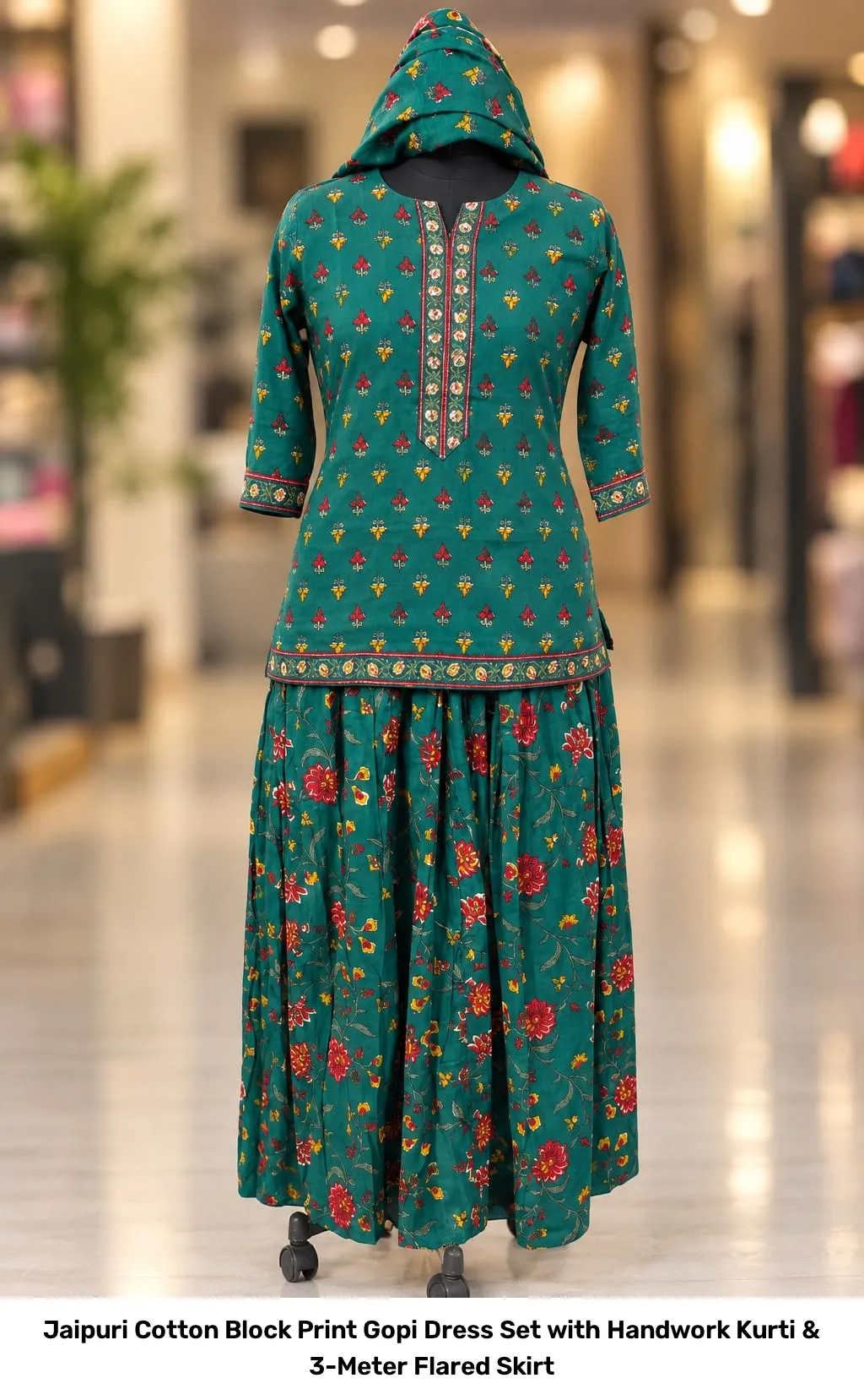 Jaipuri Cotton Block Print Gopi Dress Set with Handwork Kurti & 3-Meter Flared Skirt 11
