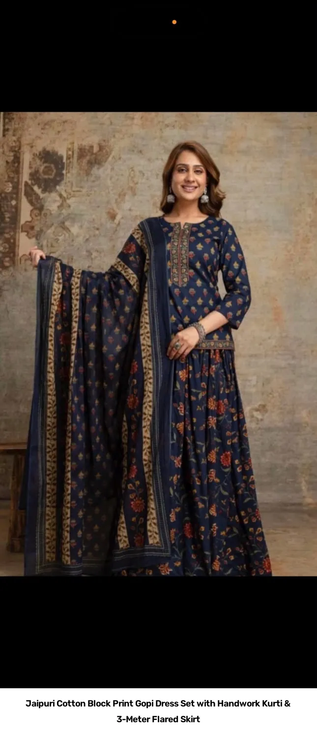 Jaipuri Cotton Block Print Gopi Dress Set with Handwork Kurti & 3-Meter Flared Skirt 12