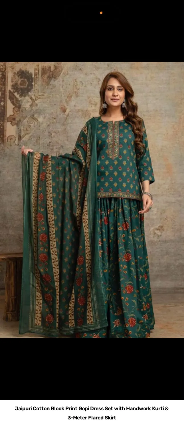 Jaipuri Cotton Block Print Gopi Dress Set with Handwork Kurti & 3-Meter Flared Skirt 13