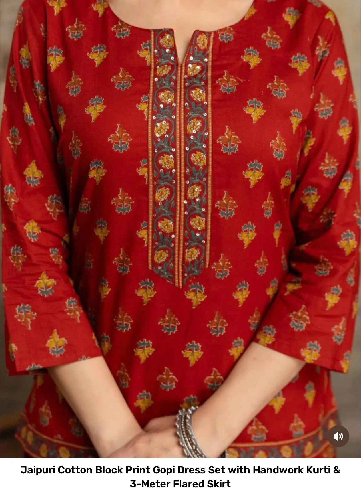 Jaipuri Cotton Block Print Gopi Dress Set with Handwork Kurti & 3-Meter Flared Skirt 14