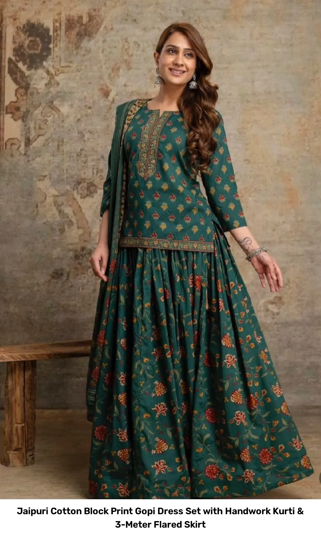 Jaipuri Cotton Block Print Gopi Dress Set with Handwork Kurti & 3-Meter Flared Skirt 15