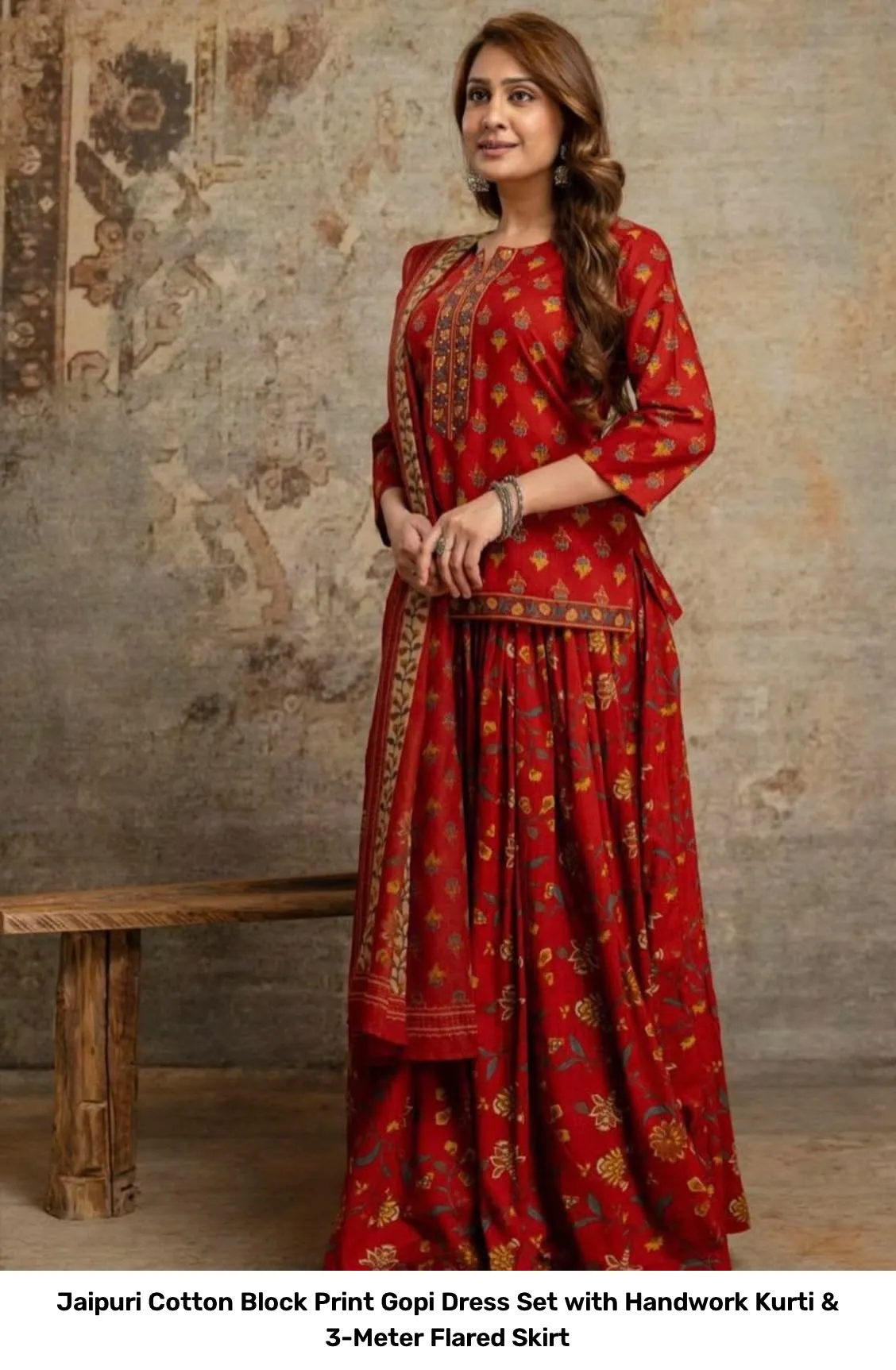 Jaipuri Cotton Block Print Gopi Dress Set with Handwork Kurti & 3-Meter Flared Skirt 16