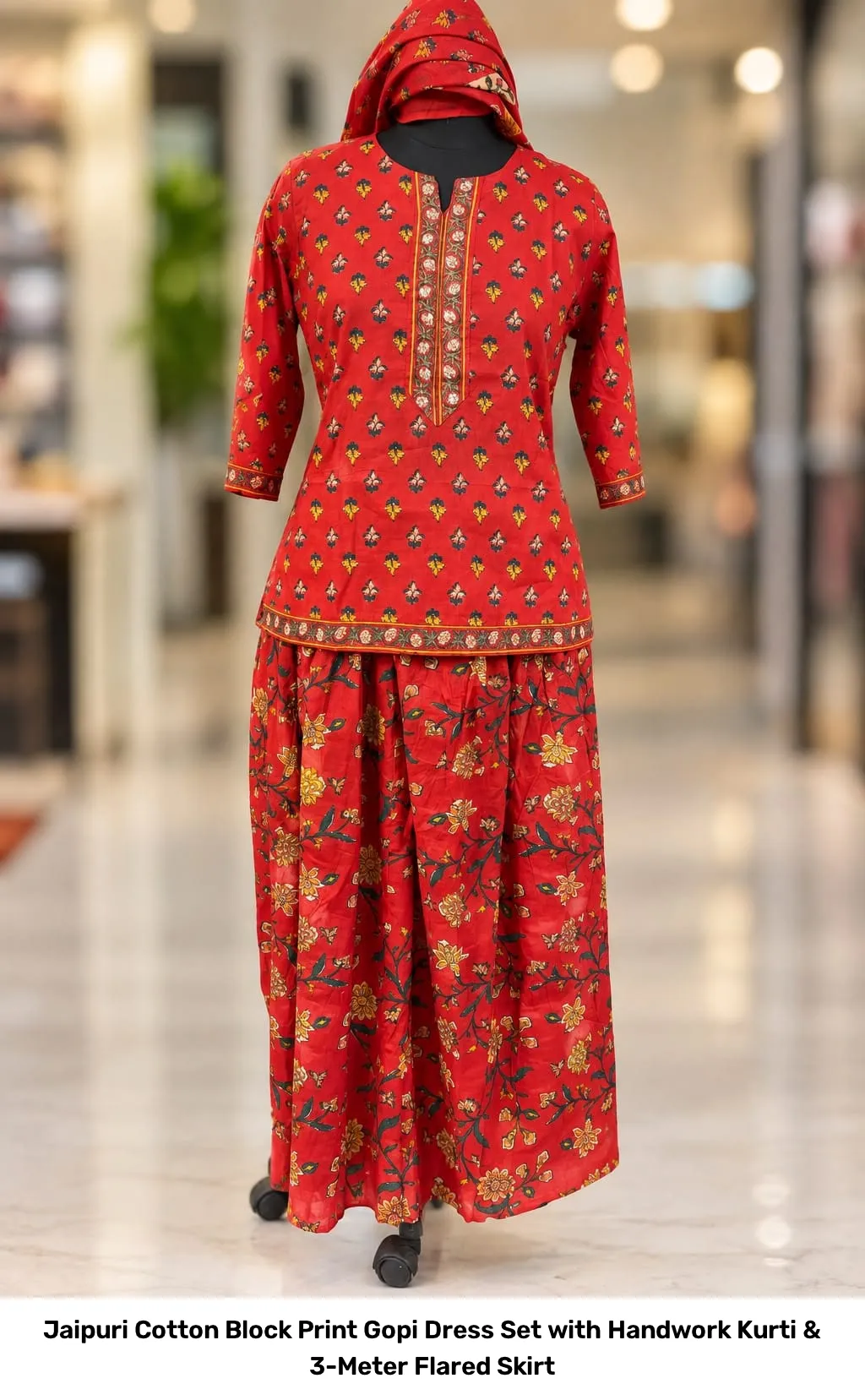 Jaipuri Cotton Block Print Gopi Dress Set with Handwork Kurti & 3-Meter Flared Skirt 17