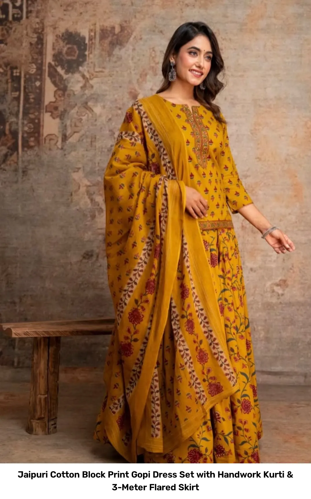 Jaipuri Cotton Block Print Gopi Dress Set with Handwork Kurti & 3-Meter Flared Skirt 2