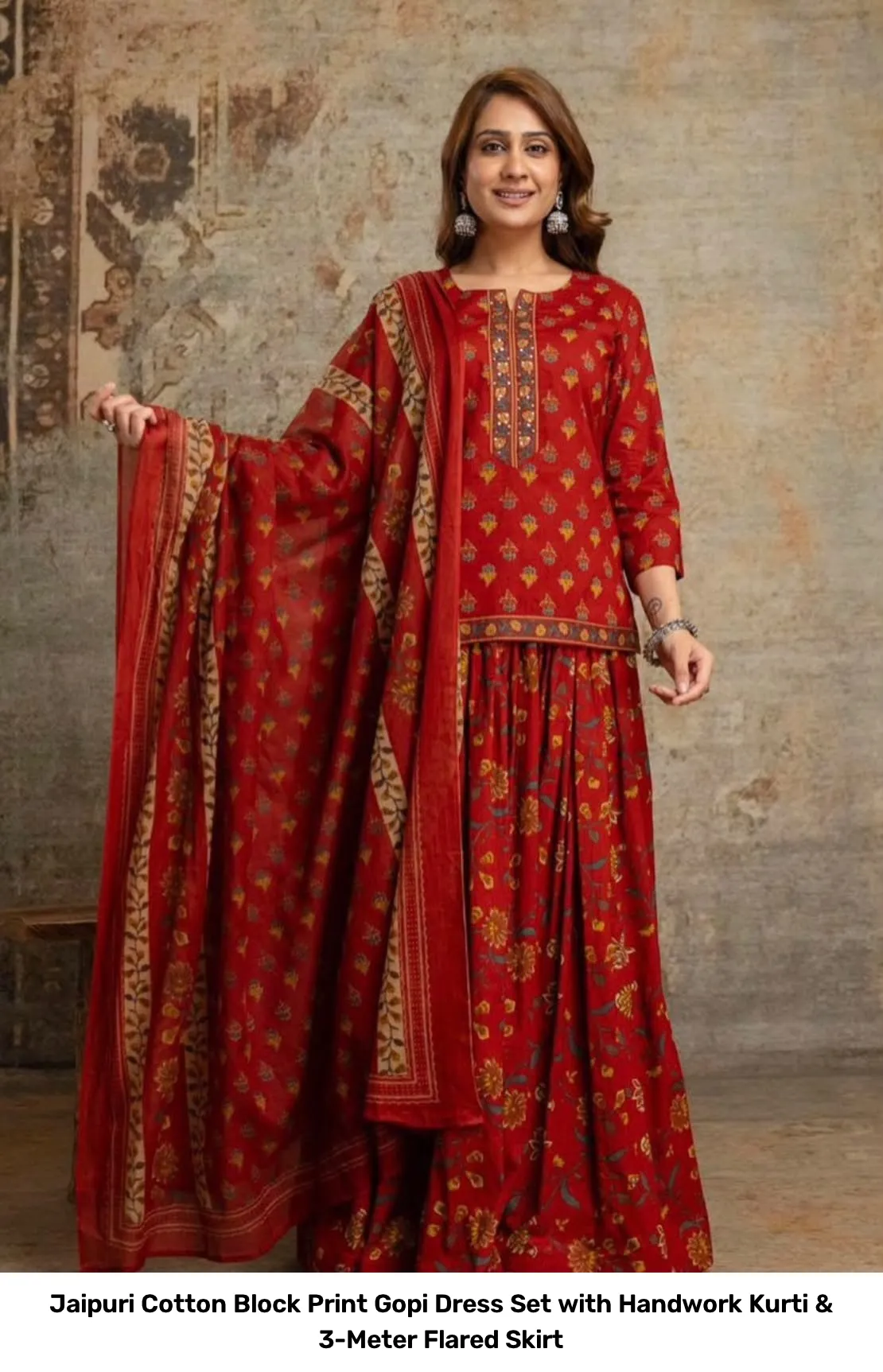 Jaipuri Cotton Block Print Gopi Dress Set with Handwork Kurti & 3-Meter Flared Skirt 3