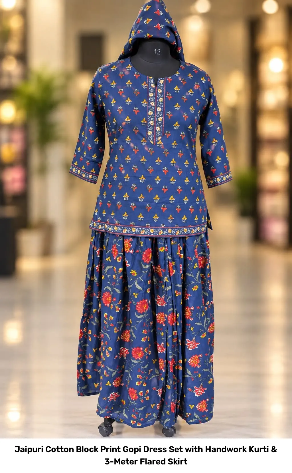Jaipuri Cotton Block Print Gopi Dress Set with Handwork Kurti & 3-Meter Flared Skirt 4