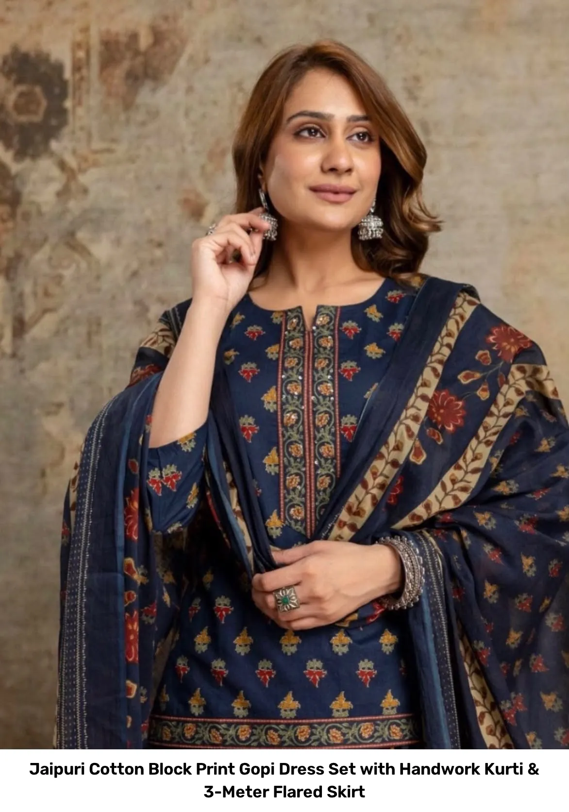 Jaipuri Cotton Block Print Gopi Dress Set with Handwork Kurti & 3-Meter Flared Skirt 5