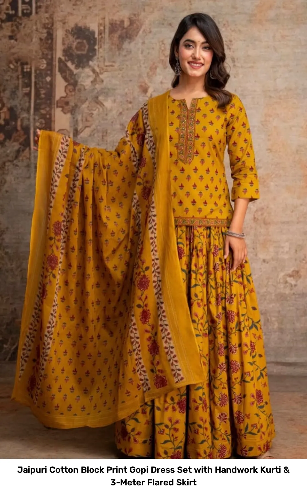 Jaipuri Cotton Block Print Gopi Dress Set with Handwork Kurti & 3-Meter Flared Skirt 6