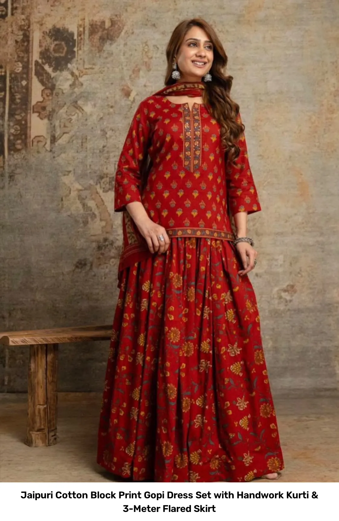 Jaipuri Cotton Block Print Gopi Dress Set with Handwork Kurti & 3-Meter Flared Skirt 7