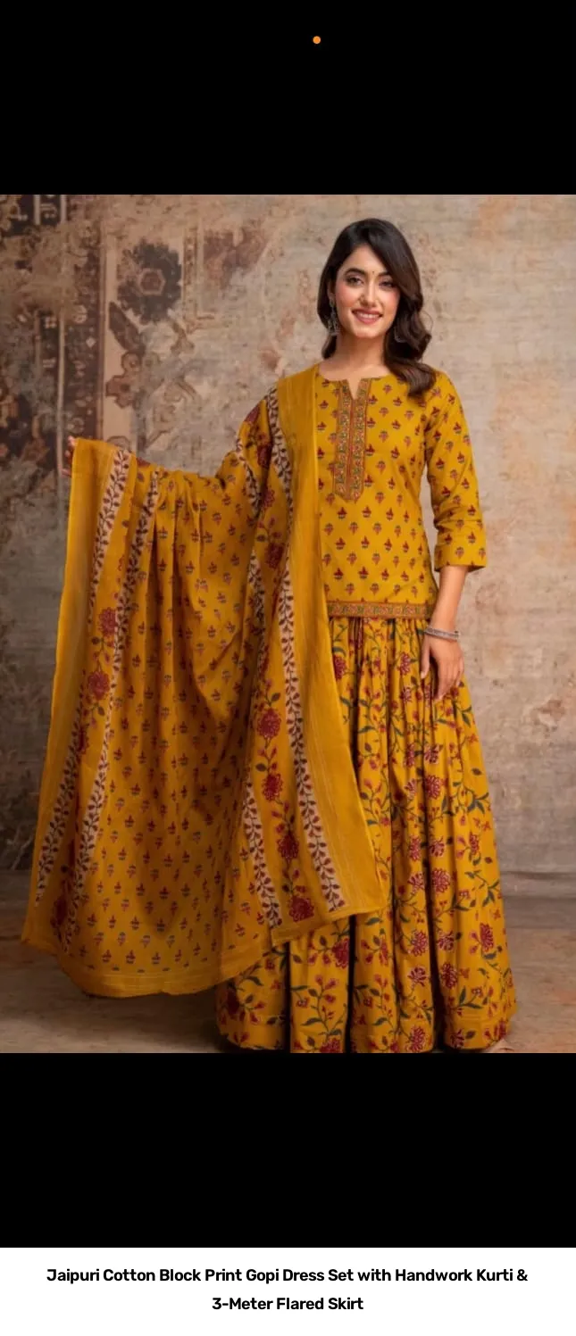 Jaipuri Cotton Block Print Gopi Dress Set with Handwork Kurti & 3-Meter Flared Skirt 8