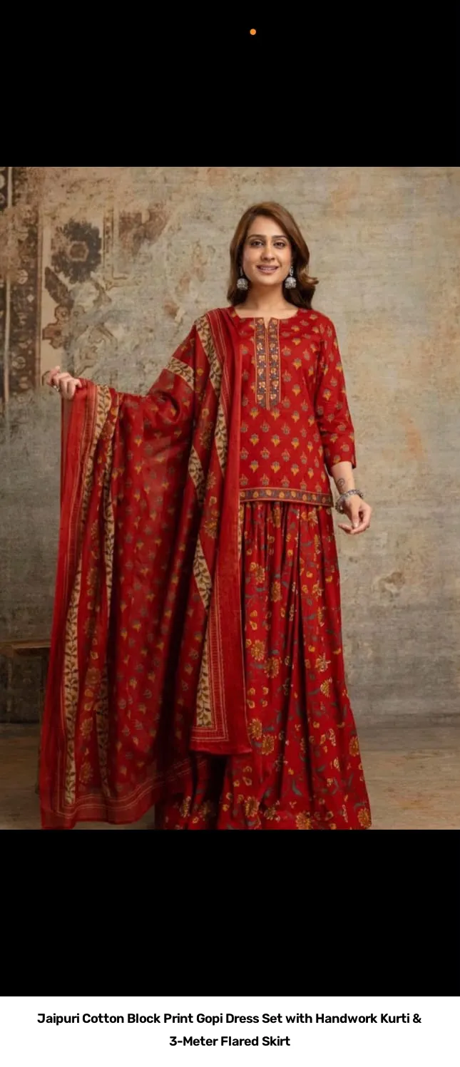 Jaipuri Cotton Block Print Gopi Dress Set with Handwork Kurti & 3-Meter Flared Skirt 9