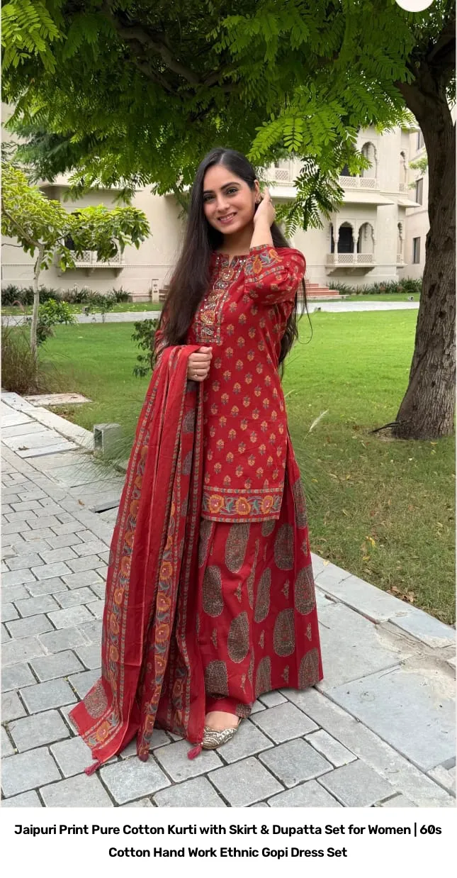 Jaipuri Print Pure Cotton Kurti with Skirt & Dupatta Set for Women | 60s Cotton Hand Work Ethnic Gopi Dress Set 10