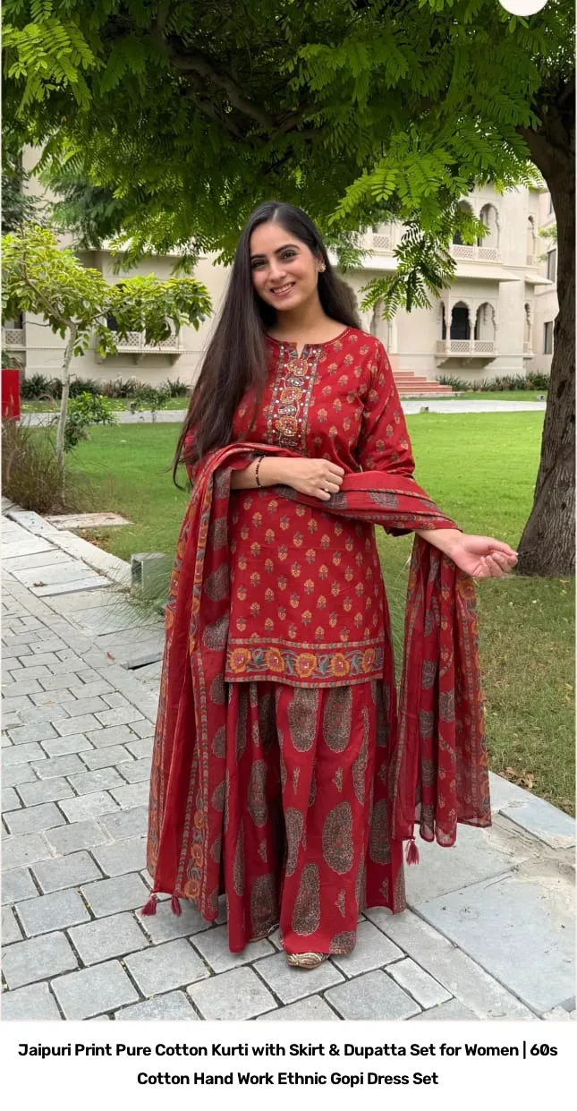 Jaipuri Print Pure Cotton Kurti with Skirt & Dupatta Set for Women | 60s Cotton Hand Work Ethnic Gopi Dress Set 11