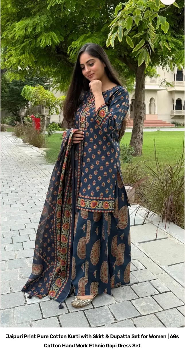 Jaipuri Print Pure Cotton Kurti with Skirt & Dupatta Set for Women | 60s Cotton Hand Work Ethnic Gopi Dress Set 12