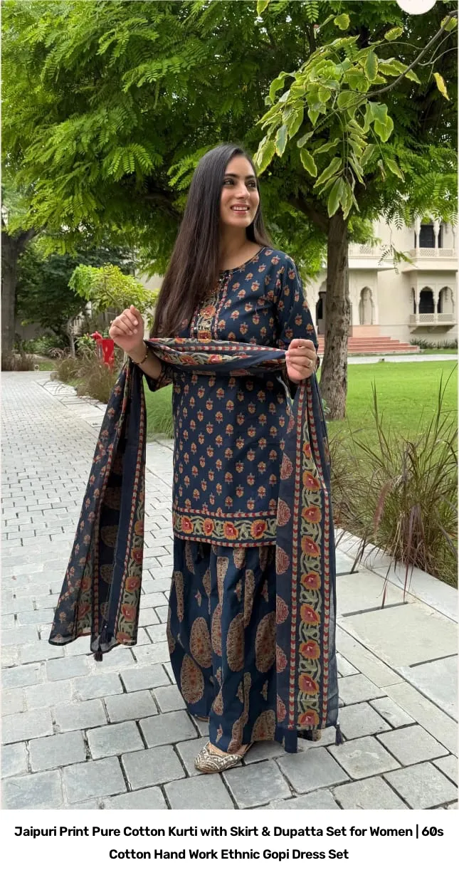 Jaipuri Print Pure Cotton Kurti with Skirt & Dupatta Set for Women | 60s Cotton Hand Work Ethnic Gopi Dress Set 13