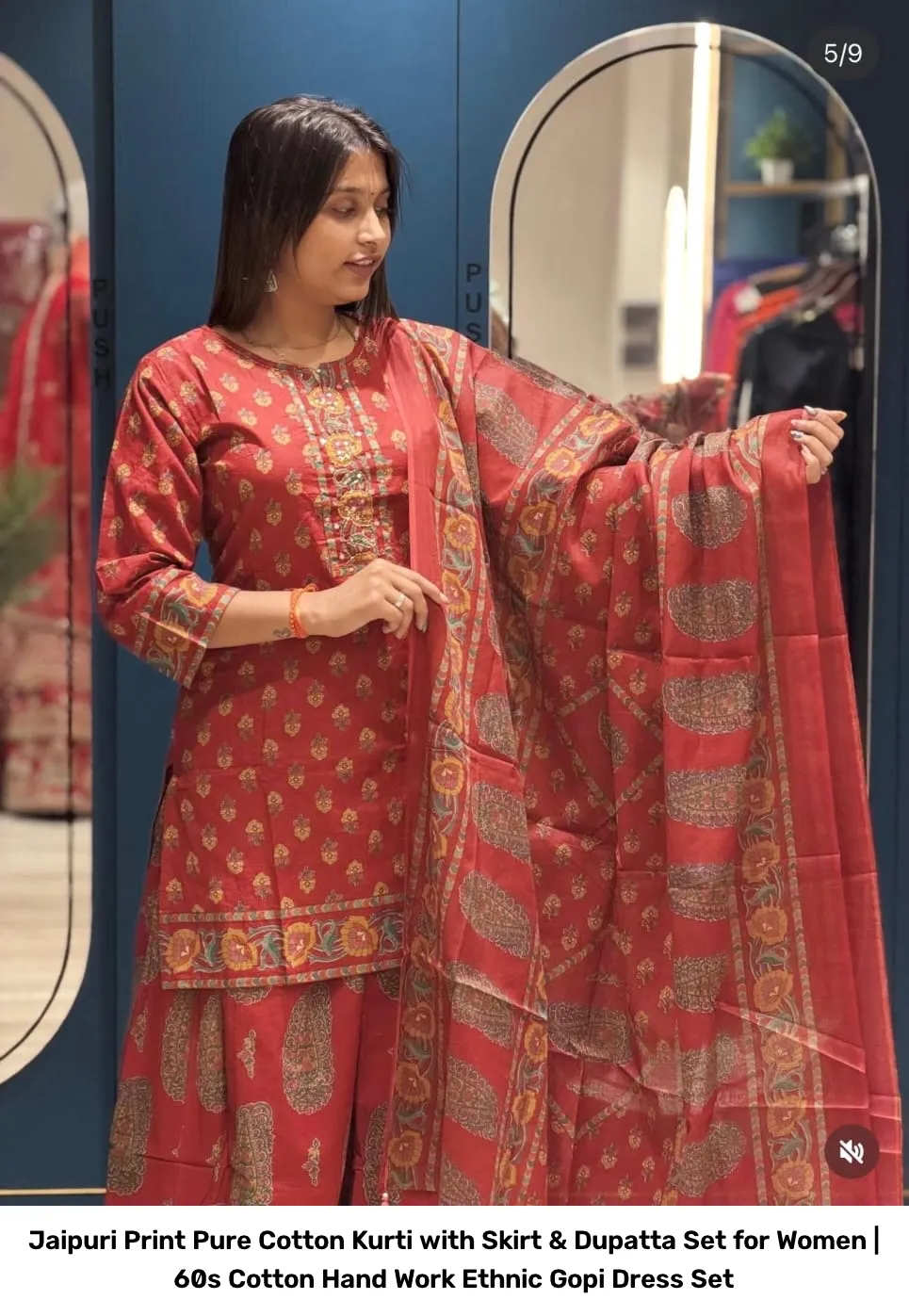 Jaipuri Print Pure Cotton Kurti with Skirt & Dupatta Set for Women | 60s Cotton Hand Work Ethnic Gopi Dress Set 2