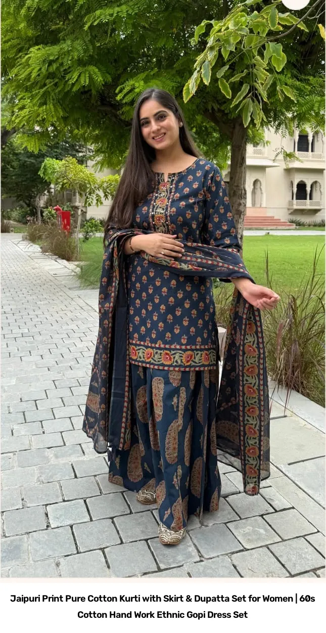 Jaipuri Print Pure Cotton Kurti with Skirt & Dupatta Set for Women | 60s Cotton Hand Work Ethnic Gopi Dress Set 3