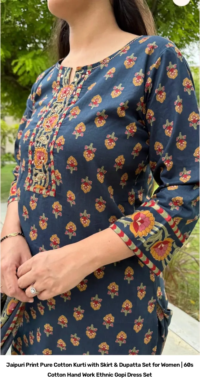 Jaipuri Print Pure Cotton Kurti with Skirt & Dupatta Set for Women | 60s Cotton Hand Work Ethnic Gopi Dress Set 4