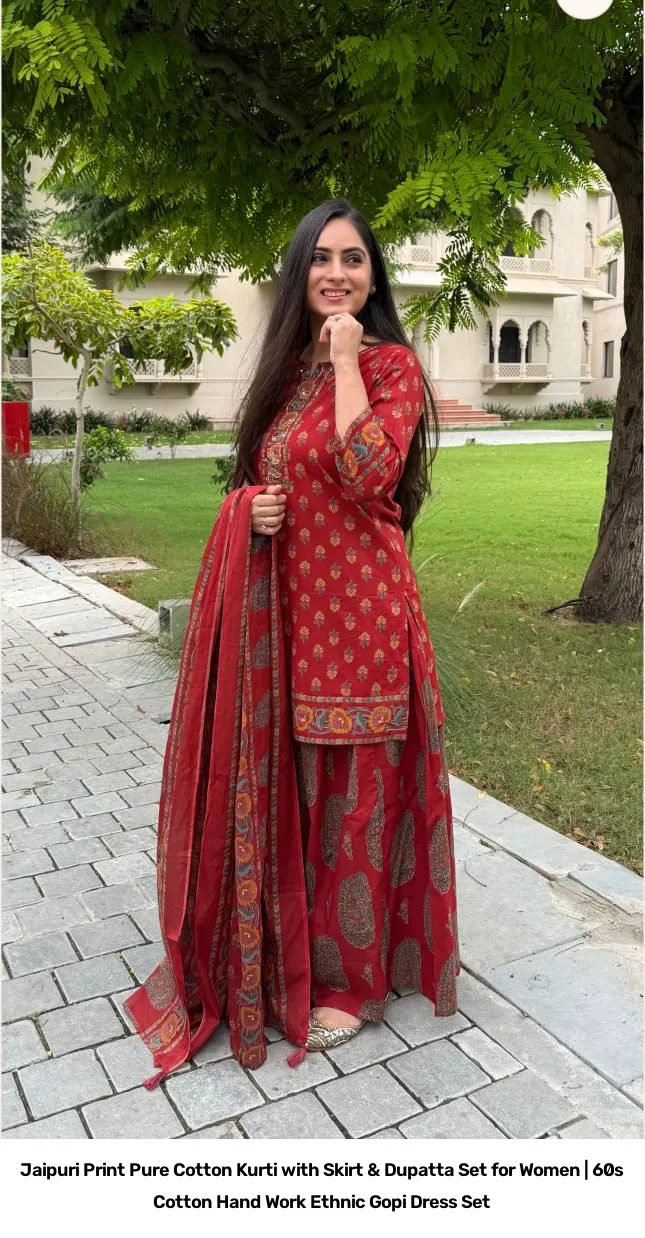 Jaipuri Print Pure Cotton Kurti with Skirt & Dupatta Set for Women | 60s Cotton Hand Work Ethnic Gopi Dress Set 5