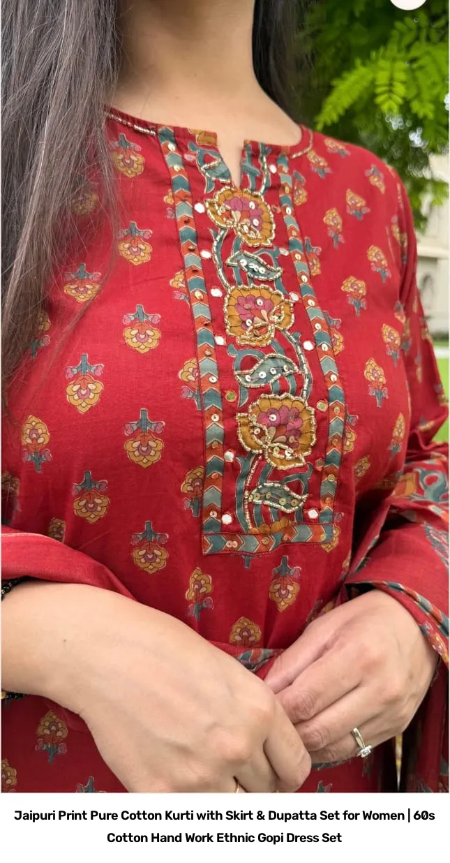 Jaipuri Print Pure Cotton Kurti with Skirt & Dupatta Set for Women | 60s Cotton Hand Work Ethnic Gopi Dress Set 6