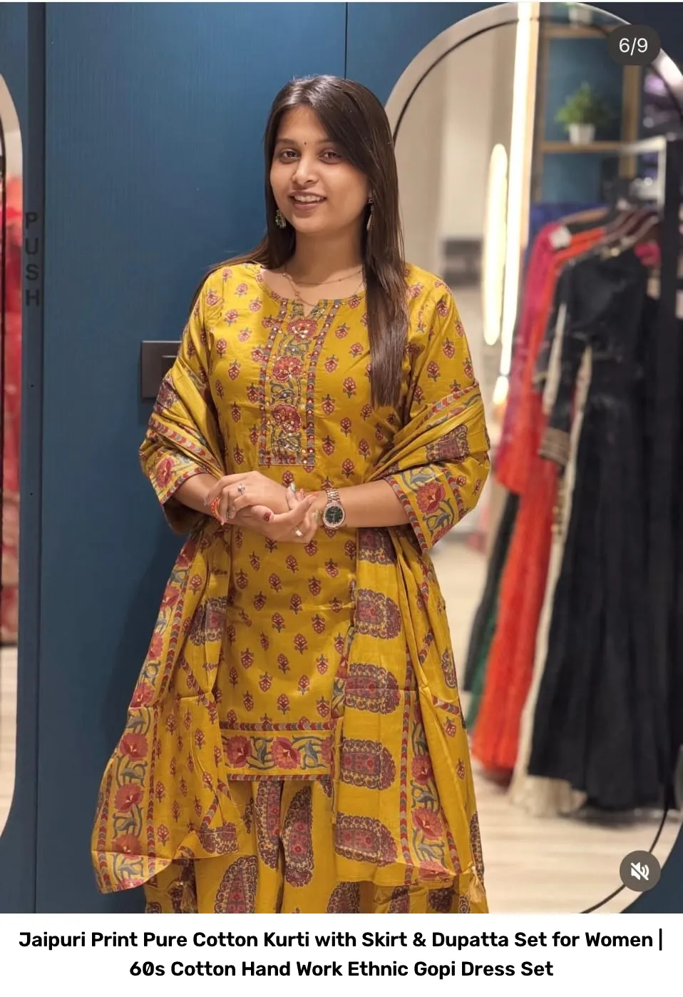 Jaipuri Print Pure Cotton Kurti with Skirt & Dupatta Set for Women | 60s Cotton Hand Work Ethnic Gopi Dress Set 7