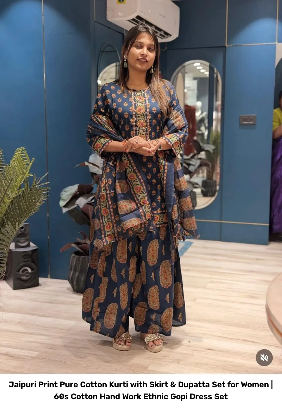 Jaipuri Print Pure Cotton Kurti with Skirt & Dupatta Set for Women | 60s Cotton Hand Work Ethnic Gopi Dress Set 8