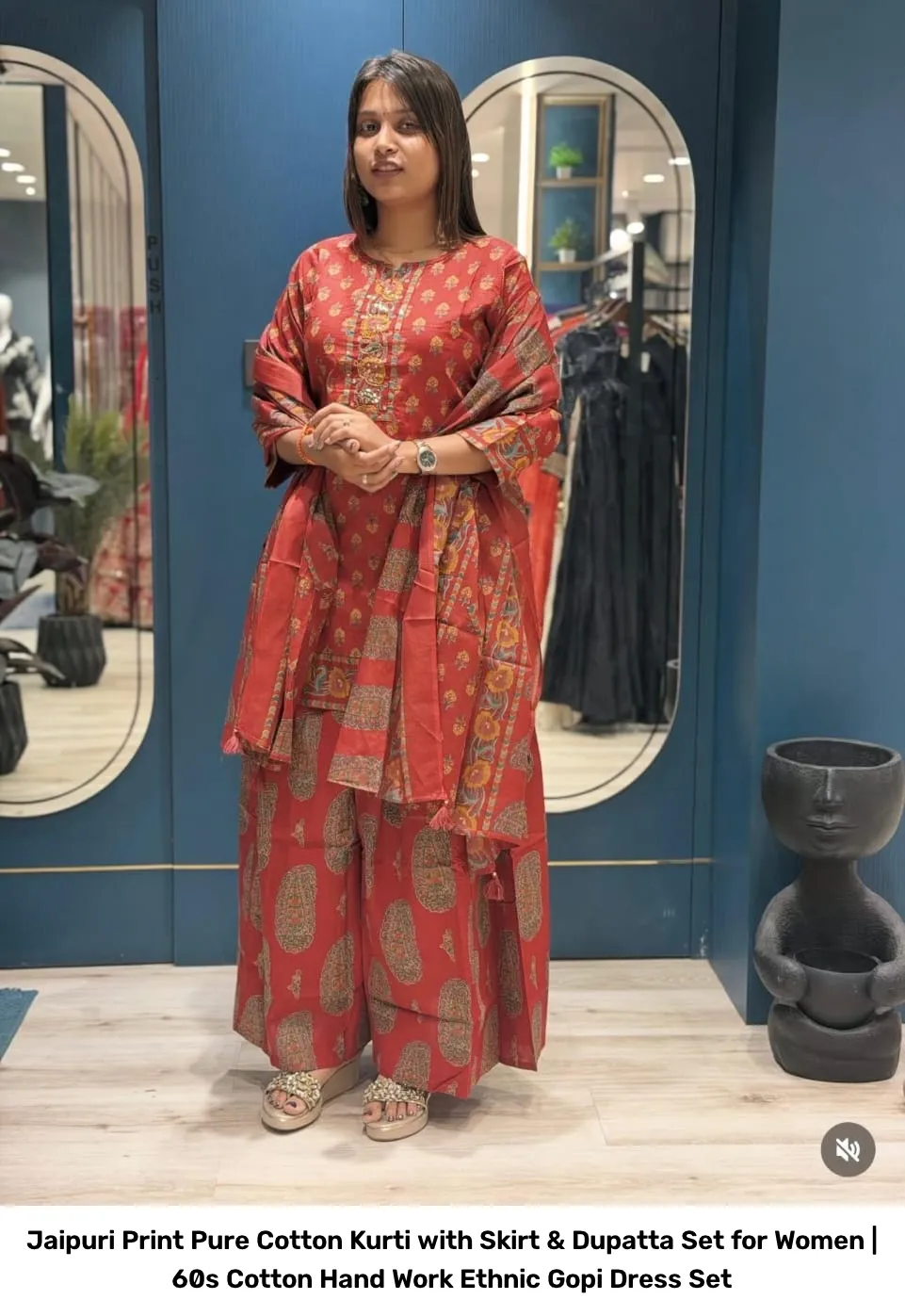 Jaipuri Print Pure Cotton Kurti with Skirt & Dupatta Set for Women | 60s Cotton Hand Work Ethnic Gopi Dress Set 9