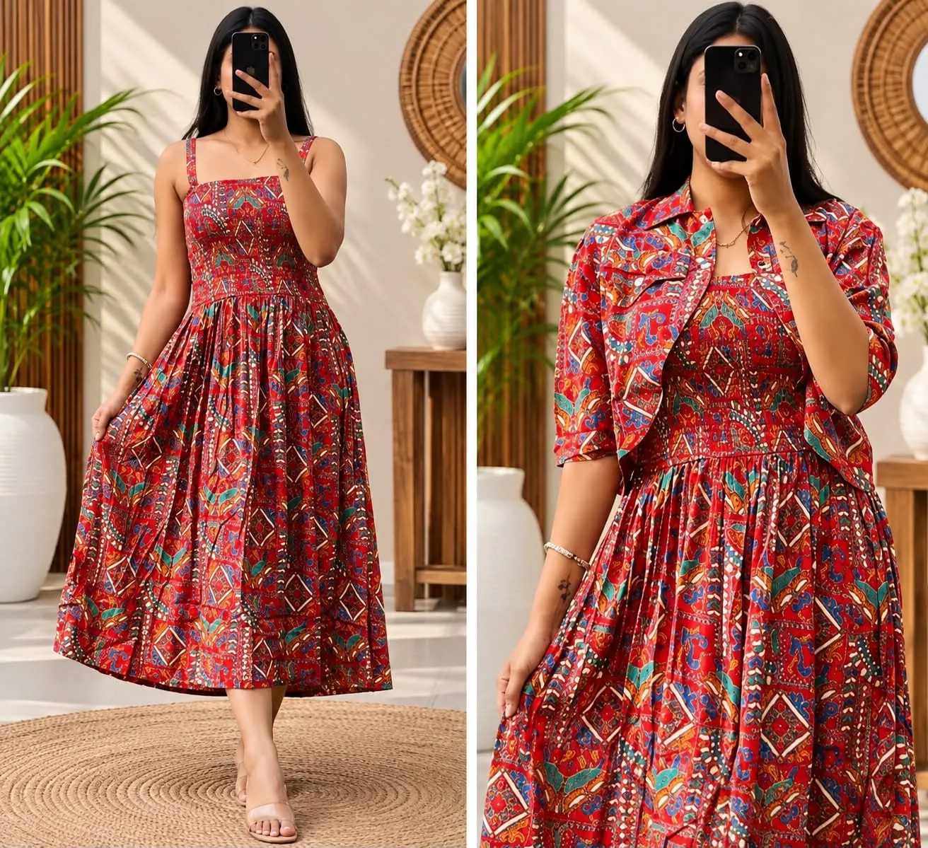 Jaipuri Print Smocked Rayon Midi Dress with Crop Jacket – 2-Piece Indo-Western Set