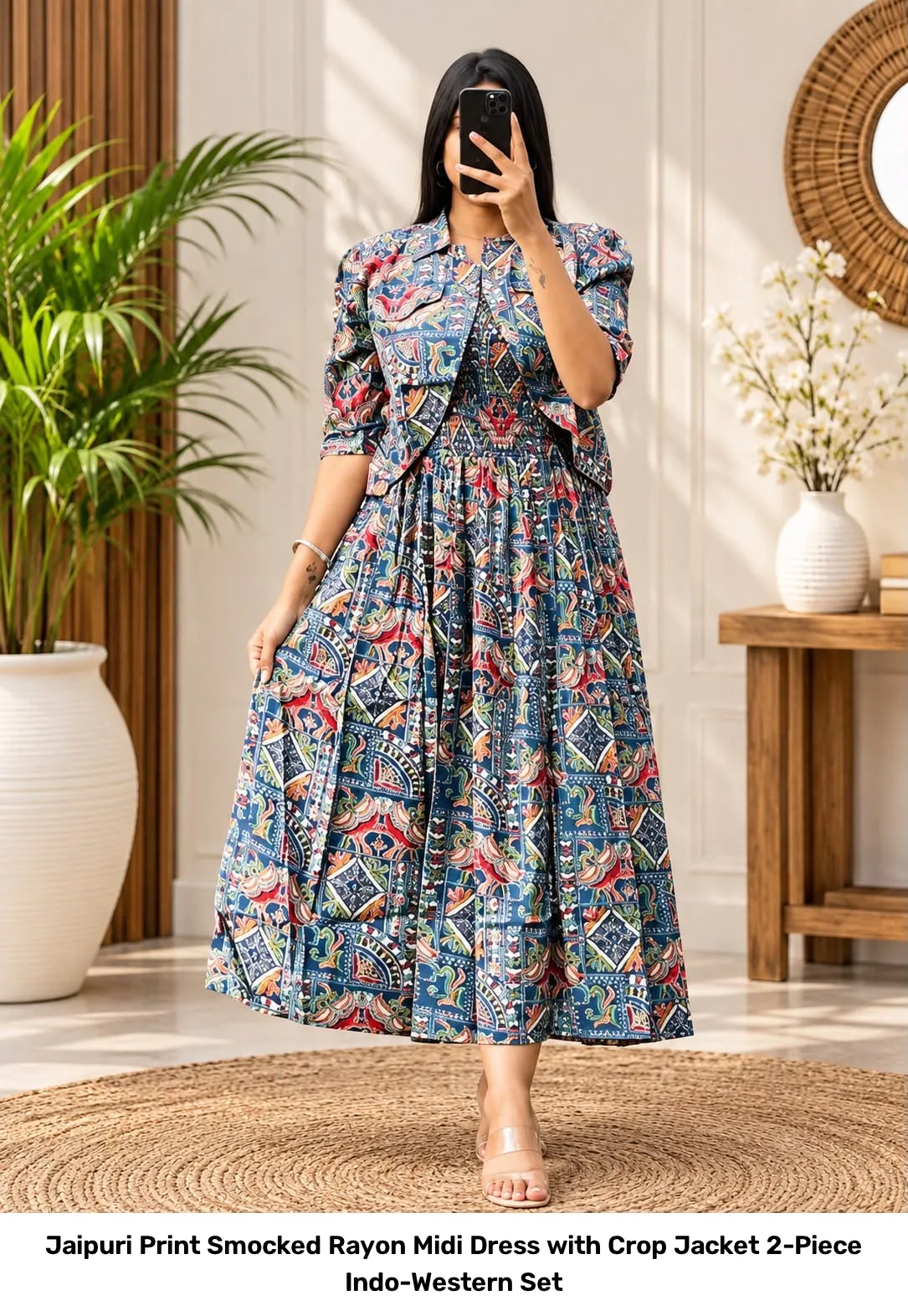 Jaipuri Print Smocked Rayon Midi Dress with Crop Jacket – 2-Piece Indo-Western Set 2