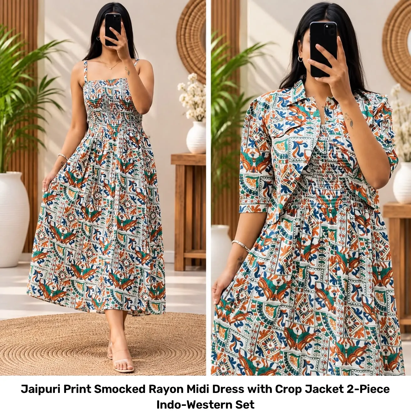 Jaipuri Print Smocked Rayon Midi Dress with Crop Jacket – 2-Piece Indo-Western Set 3