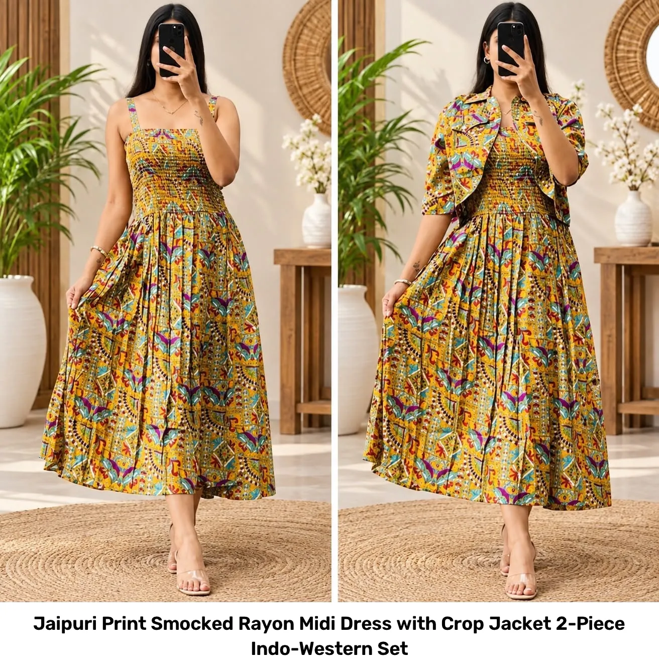 Jaipuri Print Smocked Rayon Midi Dress with Crop Jacket – 2-Piece Indo-Western Set 4