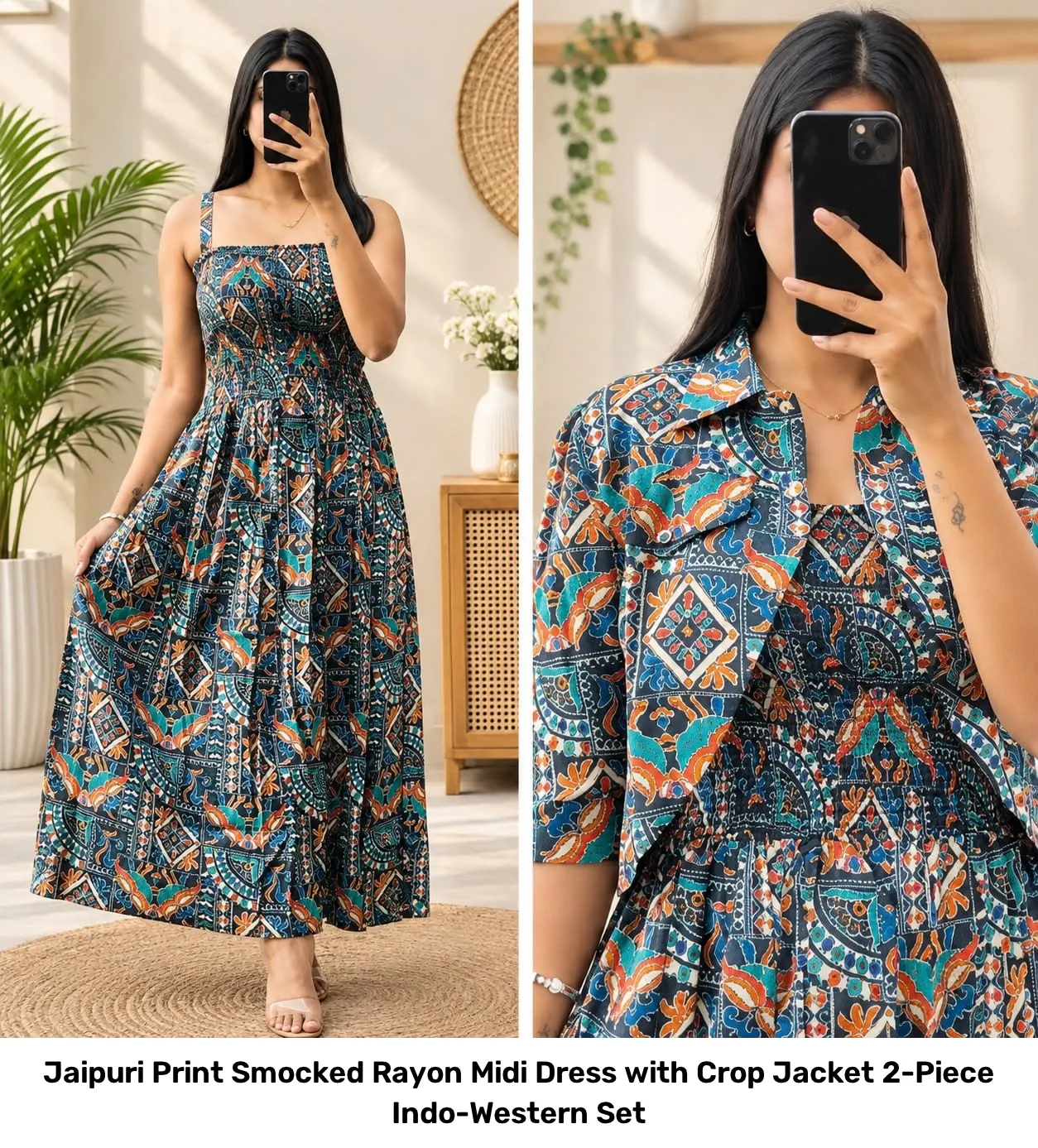 Jaipuri Print Smocked Rayon Midi Dress with Crop Jacket – 2-Piece Indo-Western Set 5