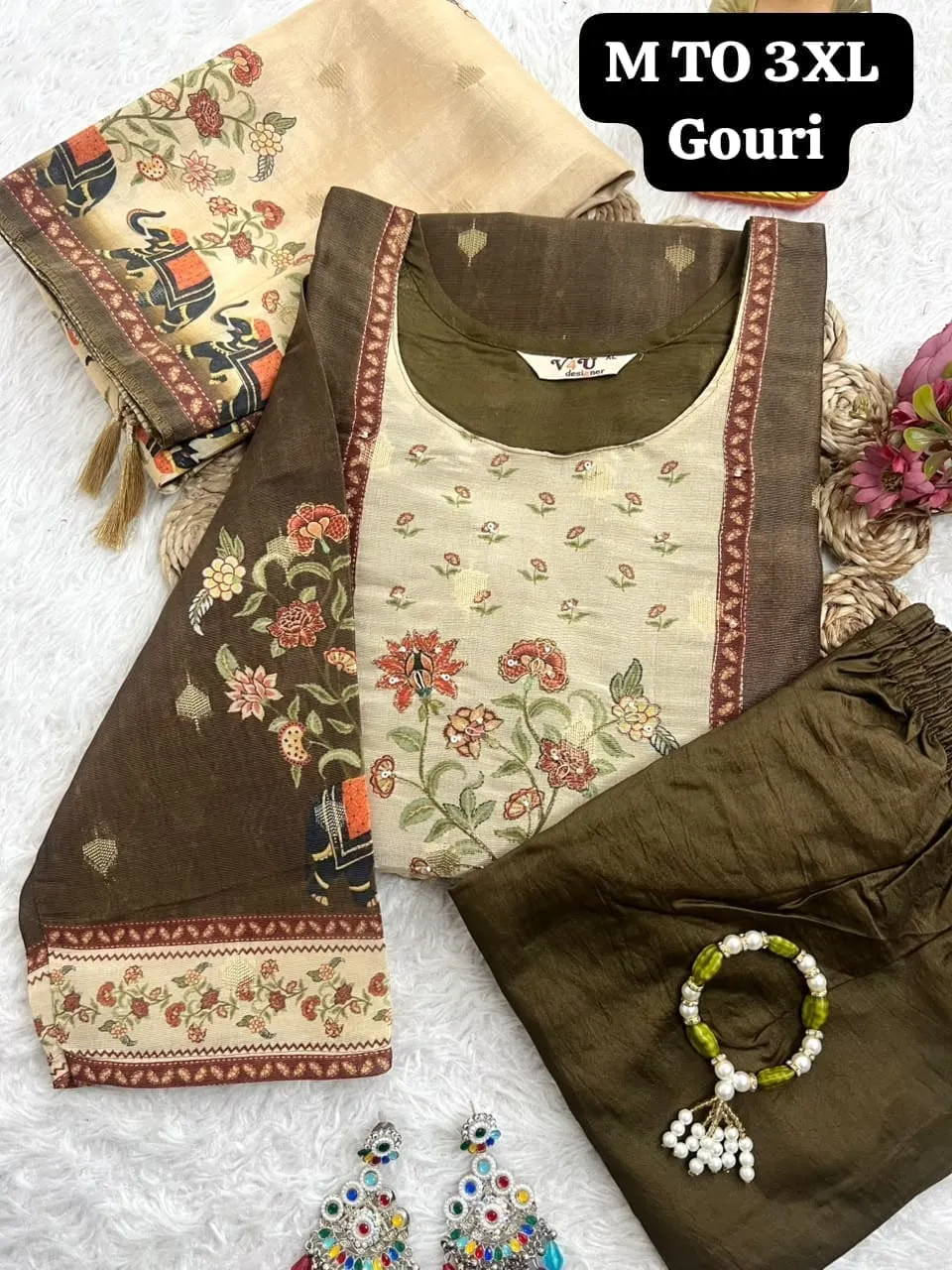 Jamdani Silk Digital Print Kurti Pant Set with Scenery Dupatta | Designer 3-Piece Ethnic Suit Set (M–3XL)