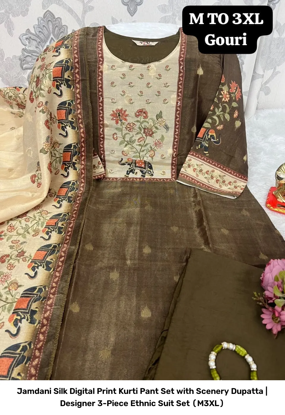 Jamdani Silk Digital Print Kurti Pant Set with Scenery Dupatta | Designer 3-Piece Ethnic Suit Set (M–3XL) 10