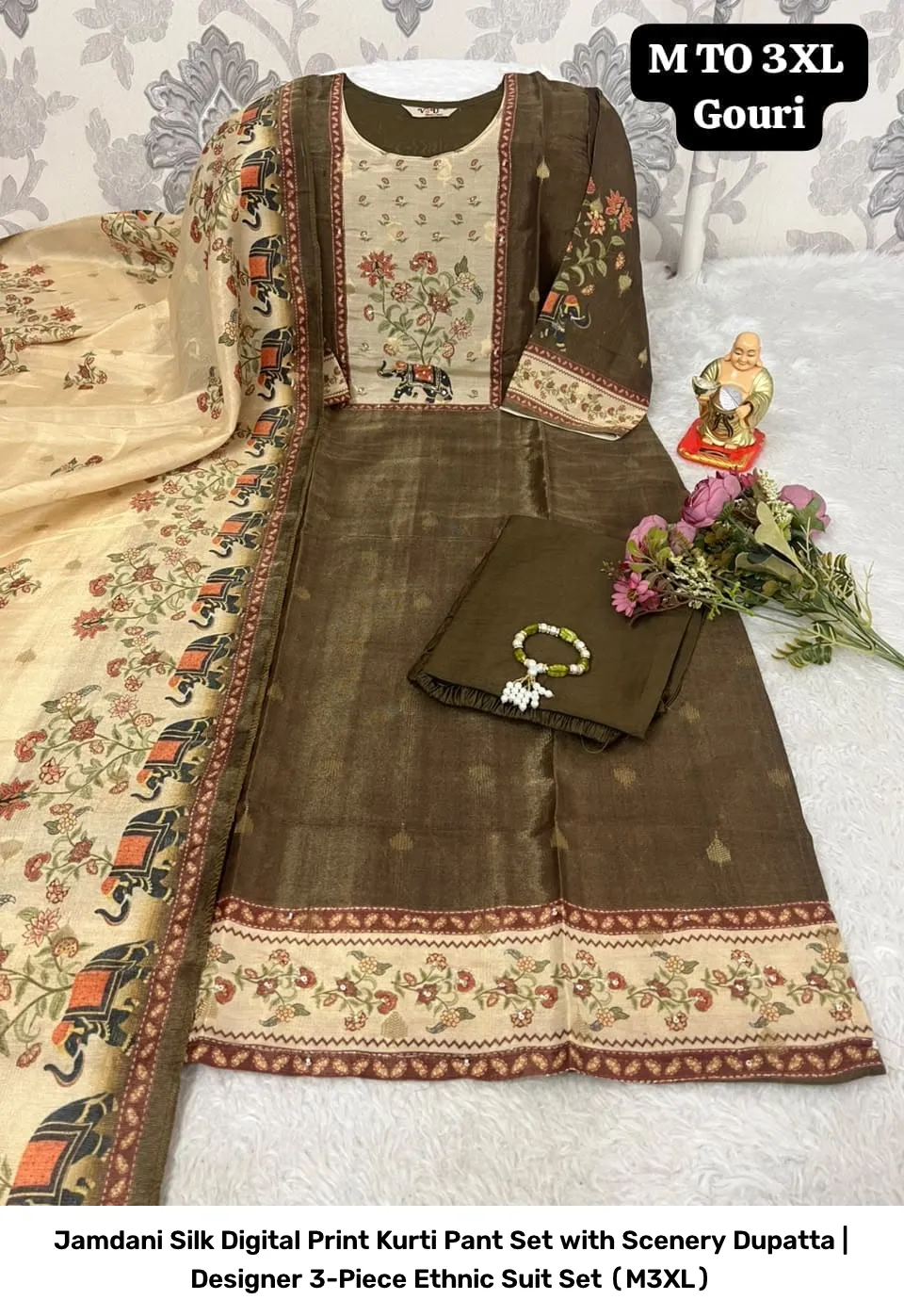 Jamdani Silk Digital Print Kurti Pant Set with Scenery Dupatta | Designer 3-Piece Ethnic Suit Set (M–3XL) 11