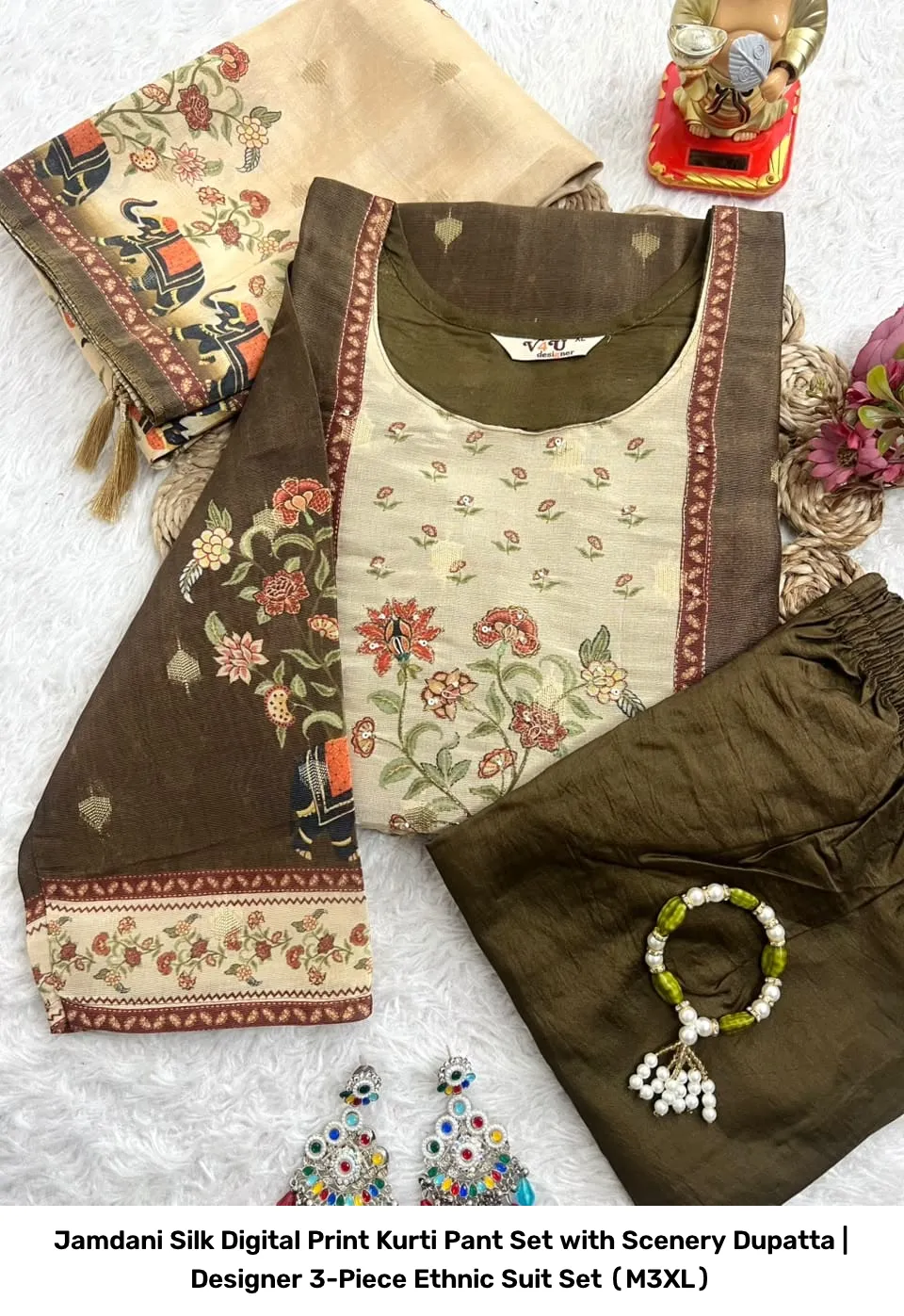 Jamdani Silk Digital Print Kurti Pant Set with Scenery Dupatta | Designer 3-Piece Ethnic Suit Set (M–3XL) 12