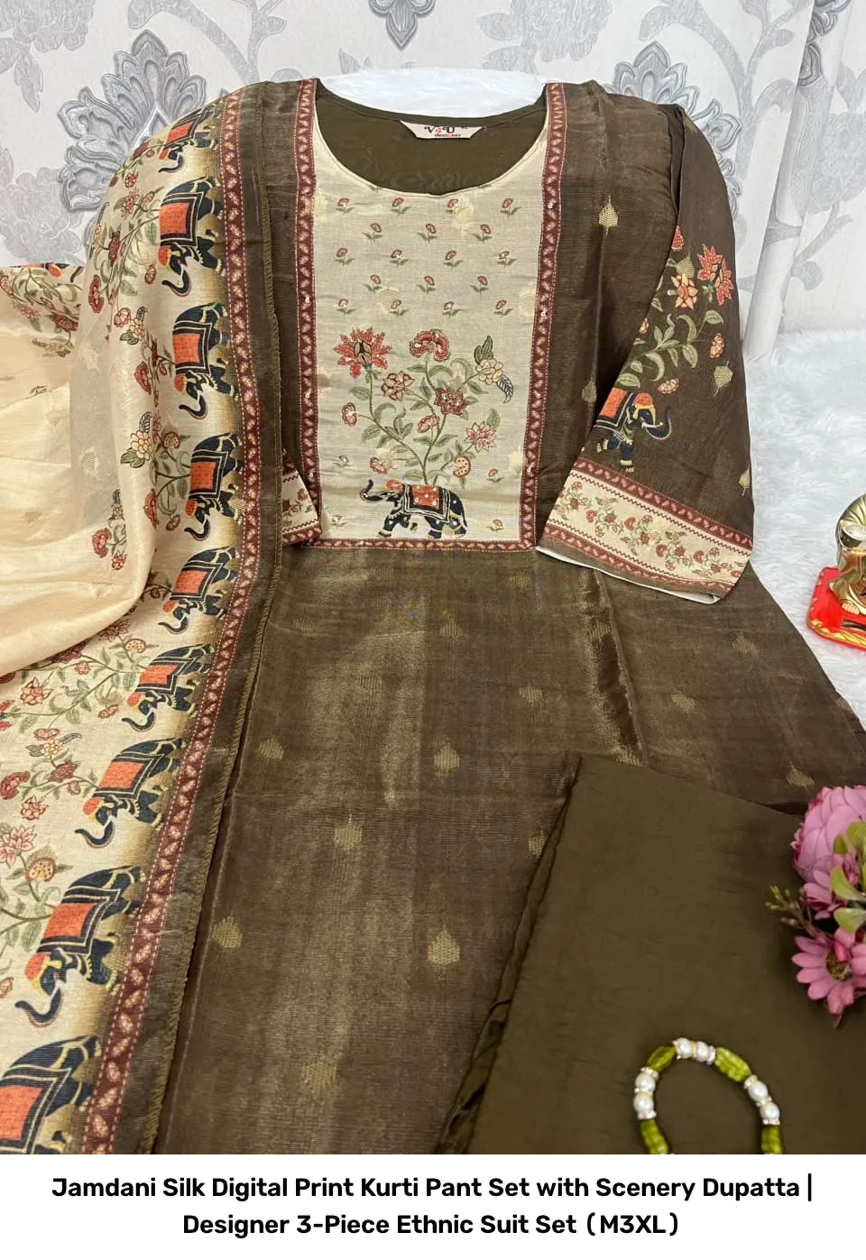 Jamdani Silk Digital Print Kurti Pant Set with Scenery Dupatta | Designer 3-Piece Ethnic Suit Set (M–3XL) 2