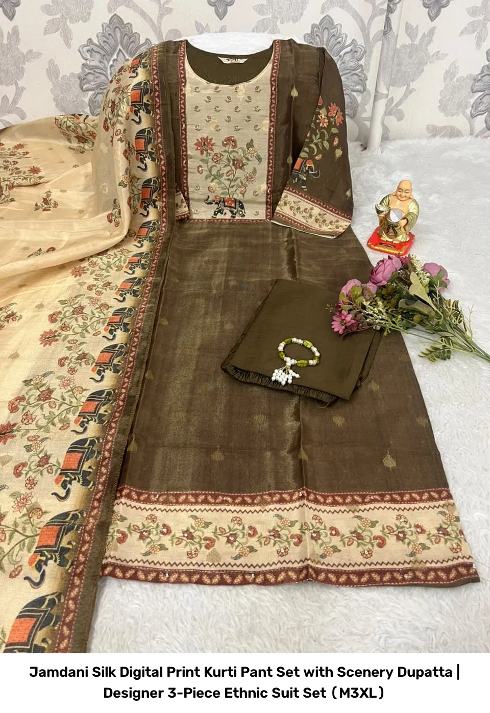 Jamdani Silk Digital Print Kurti Pant Set with Scenery Dupatta | Designer 3-Piece Ethnic Suit Set (M–3XL) 3
