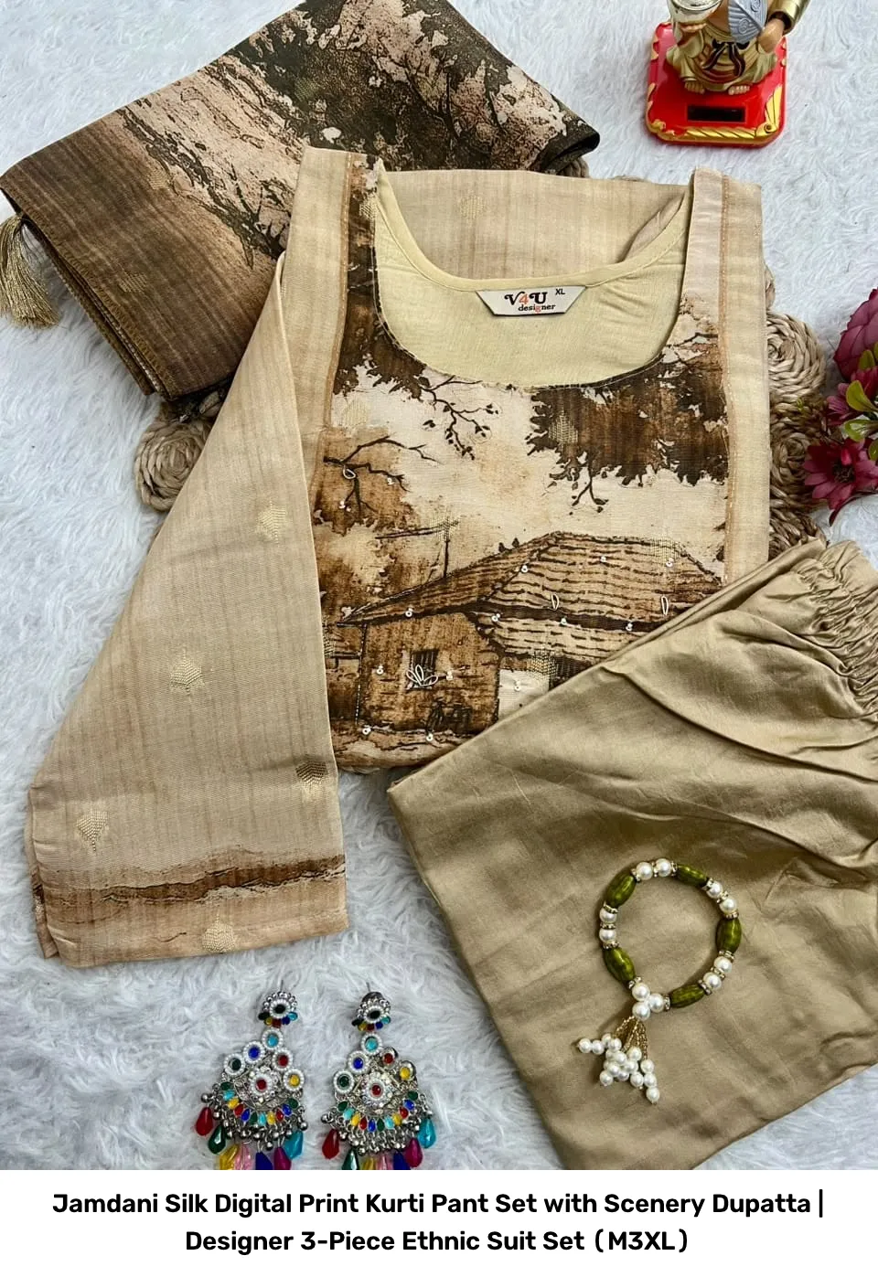 Jamdani Silk Digital Print Kurti Pant Set with Scenery Dupatta | Designer 3-Piece Ethnic Suit Set (M–3XL) 4