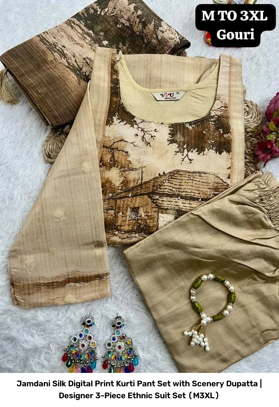 Jamdani Silk Digital Print Kurti Pant Set with Scenery Dupatta | Designer 3-Piece Ethnic Suit Set (M–3XL) 6