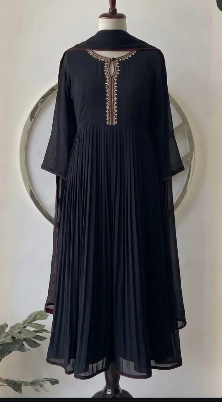 Jet Black Accordion Pleated Georgette Anarkali Suit Set | Zari Neck Embroidered Gown with Dupatta