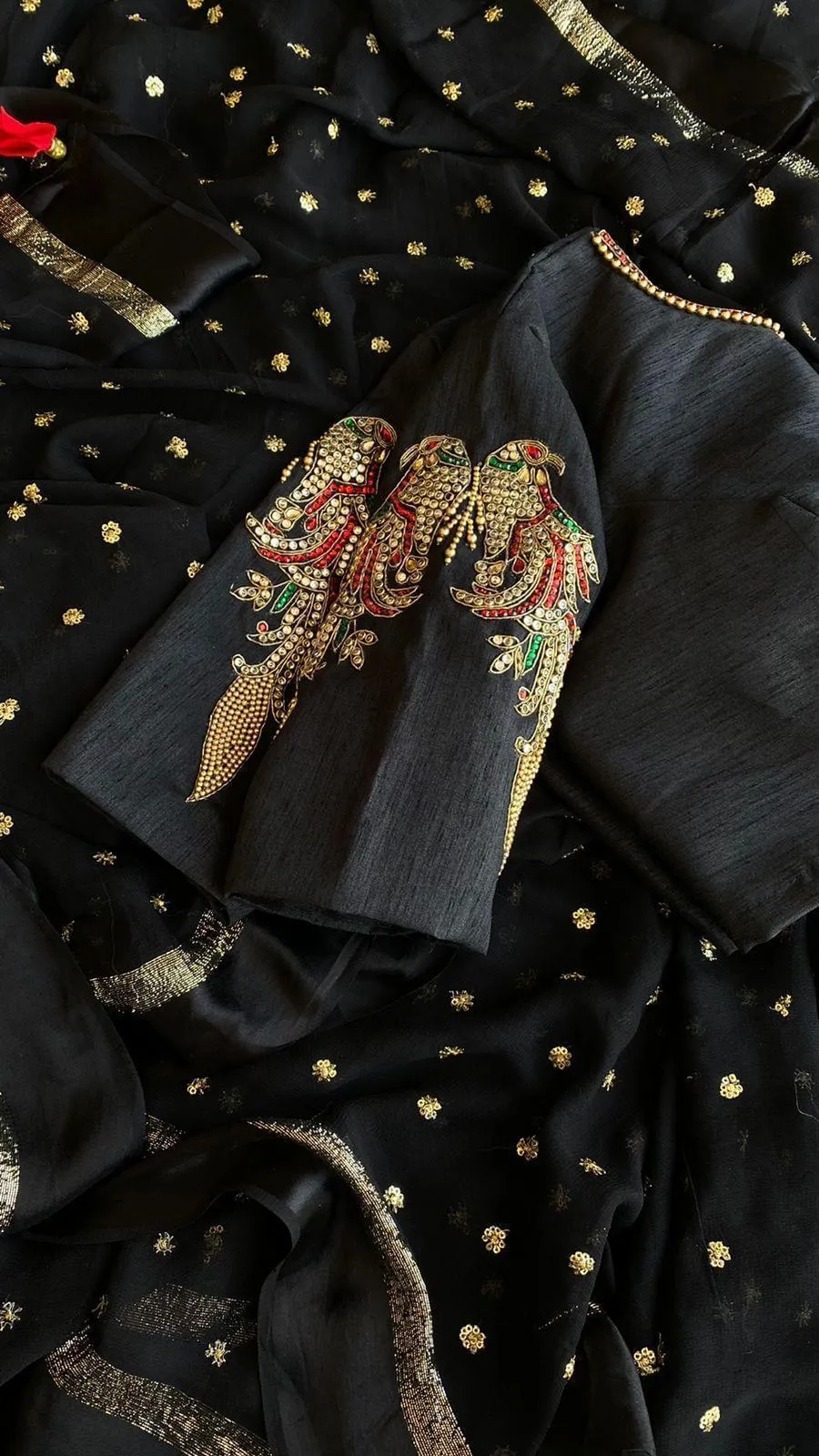 Jet Black Raw Silk Blouse with Handcrafted Maggam Parrot Motif | Zardosi Bird Sleeve Embroidery Saree Blouse